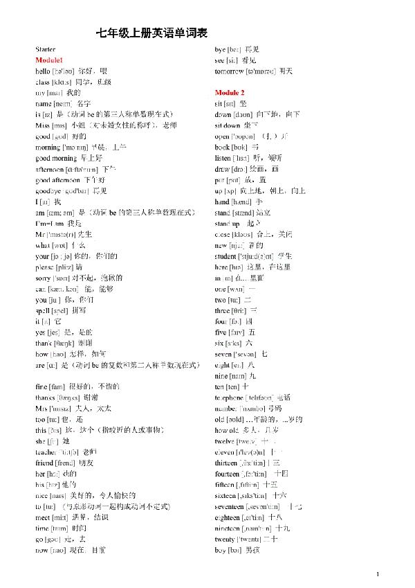 初一英语上册单词讲解