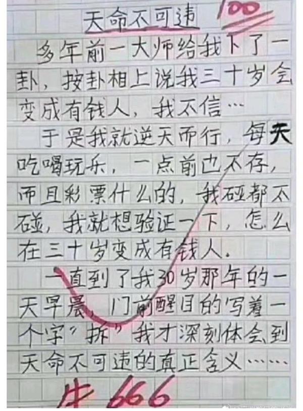 小学生作文之“天命不可违”喜获100分,老师点赞:牛