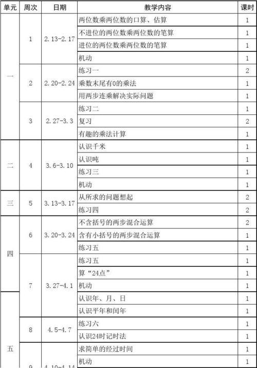 三年级数学下册教学计划