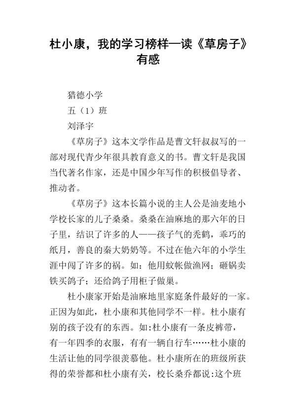 我想起了杜小康 草房子读后感600字