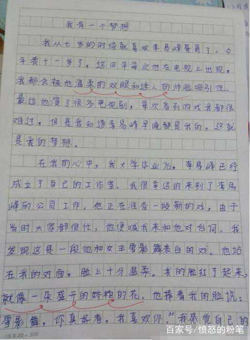 小学生作文深情表白李易峰,老师14字神点评,彰显智慧令人赞叹