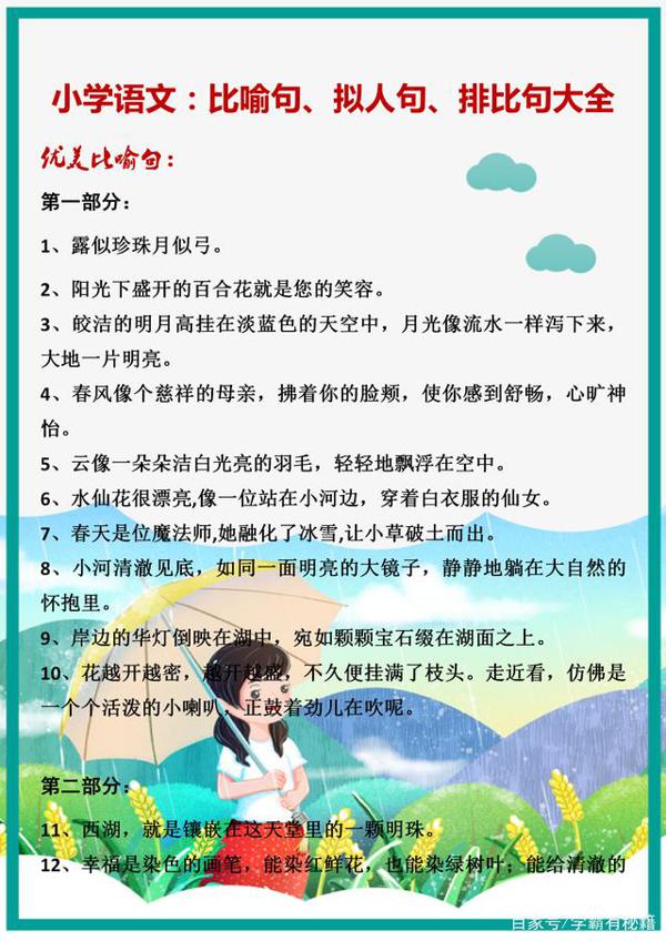 小学语文满分:优美比喻句、拟人句、排比句大全,满分作文必备