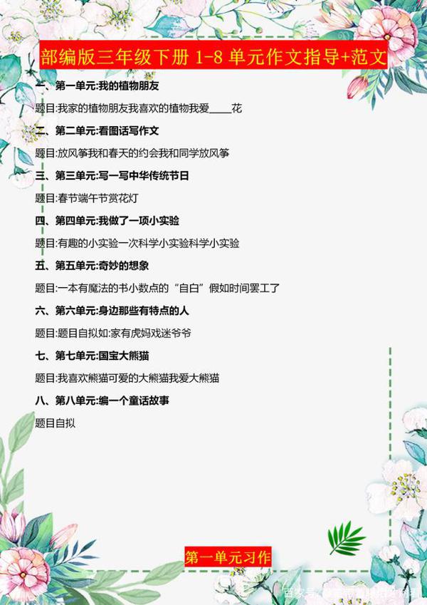部编版：三年级下册1-8单元作文指导+范文，建议统统都吃透！收藏
