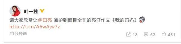 叶一茜晒儿子彩虹屁作文一脸幸福,发文表示让田亮嫉妒到面目全非 1