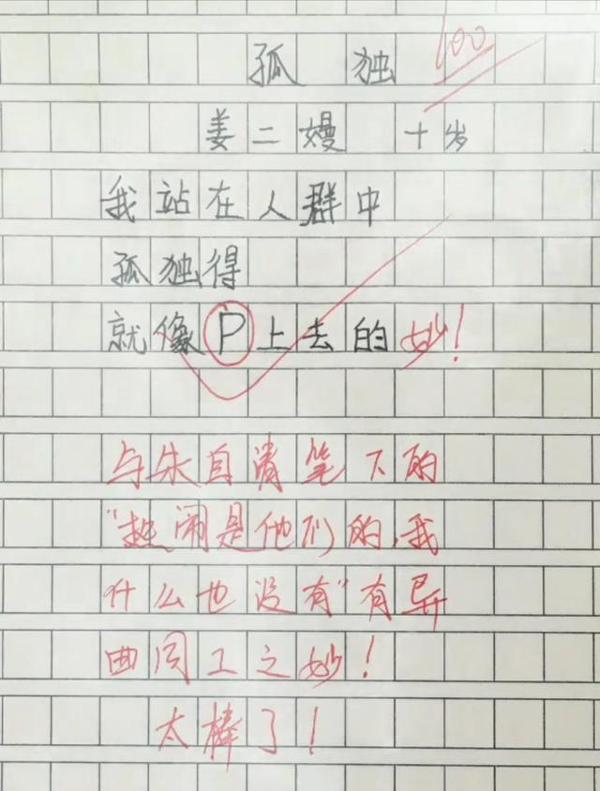 小学生作文《孤独》火了,仅三行字却获老师赞赏,网友:太有才了 1