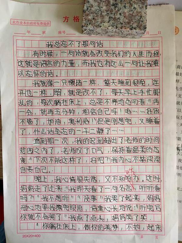 五年级学生作文“我总忘不了那句话”,老师:好孩子是夸出来的 2