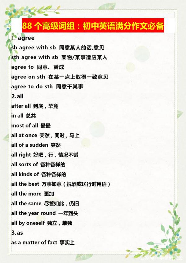 初中英语满分作文必备词组,将这些词组背下来,没理由得不了高分