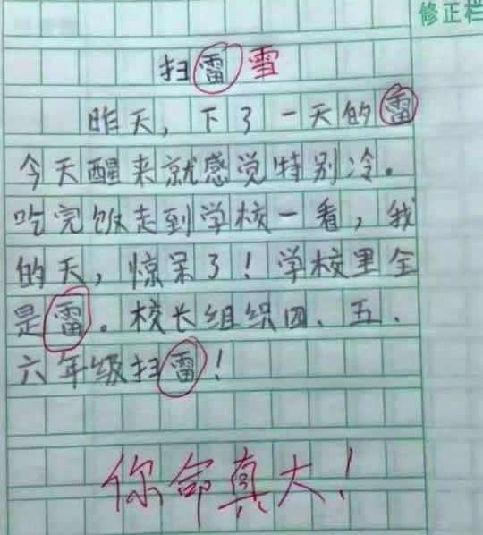小学生作文《扫雪》写错字,老师直呼:命真大