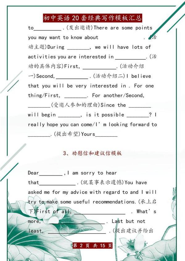 初中英语:20套经典写作模板,“糊”墙上背,不愁写不出满分作文 1