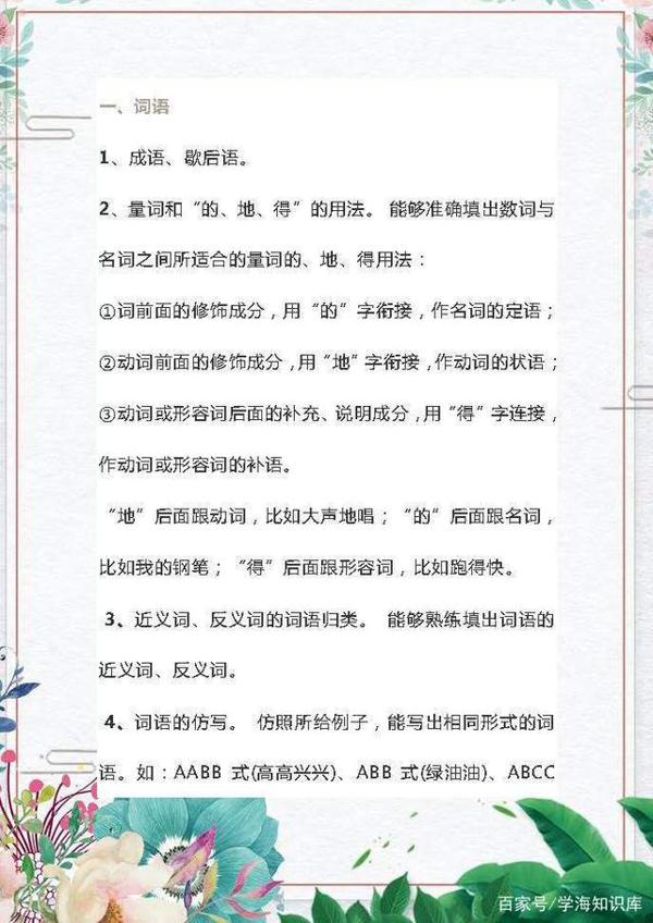 小学语文知识点:词语+句子+标点+阅读+作文+复习重点!非常全面