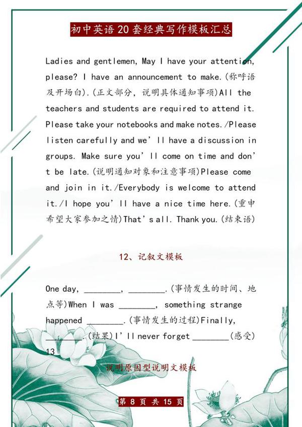 初中英语:20套经典写作模板,“糊”墙上背,不愁写不出满分作文 7
