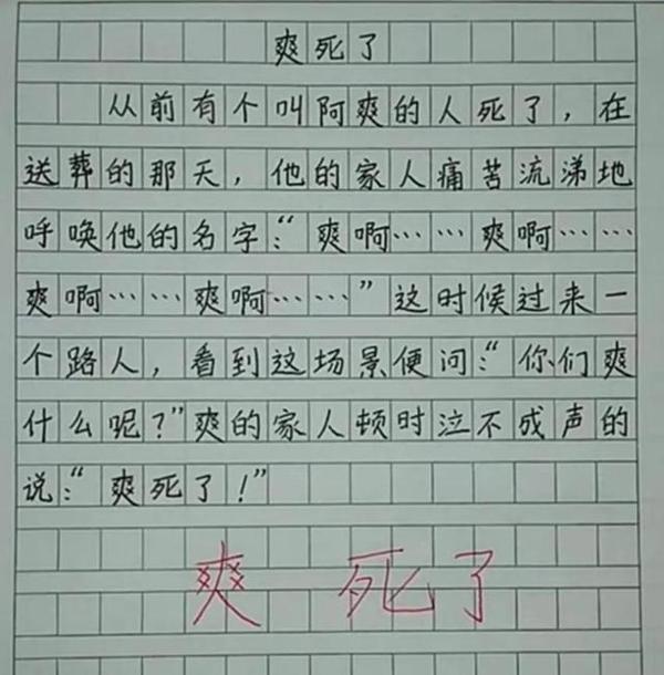 孩子，你这作文能编成笑话大全了？教师：看完爽死了，真是人才！ 5