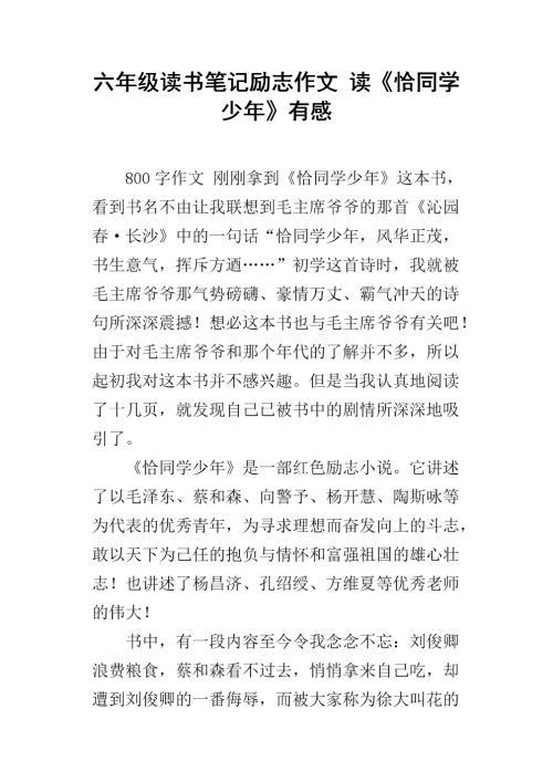 读《恰同学少年》有感 励志小说读后感600字