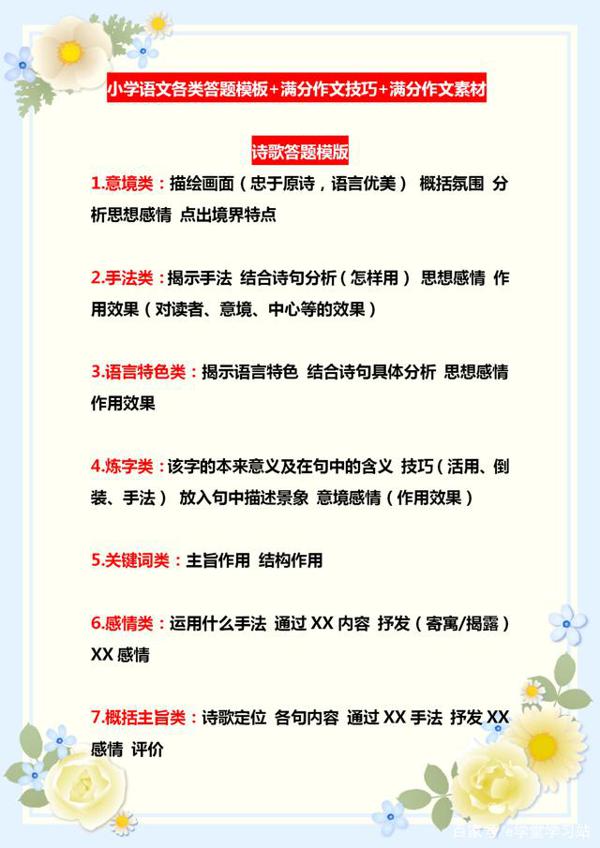 小学语文:答题模板+满分作文范文,特别是五六年级学生必须掌握