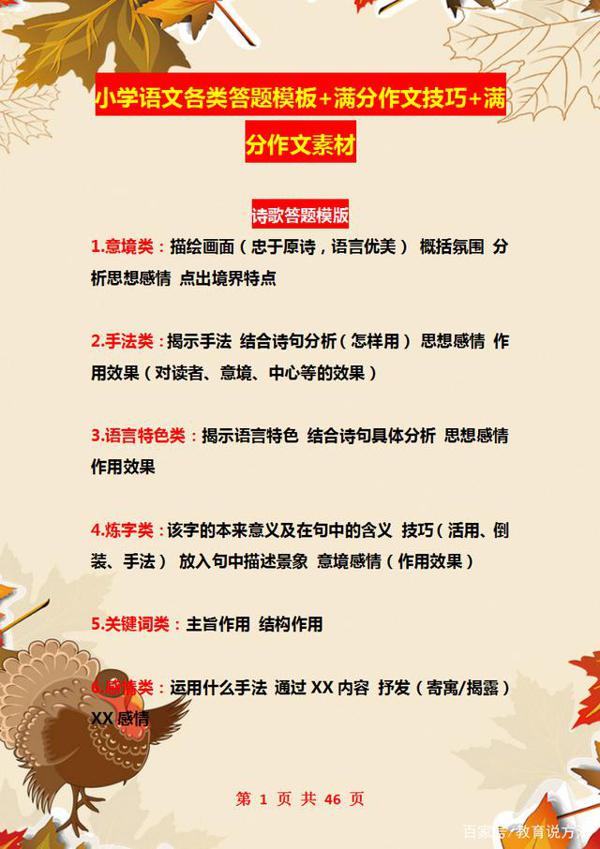 小学语文:各类答题模板+满分作文技巧+满分作文素材,请学学吧!