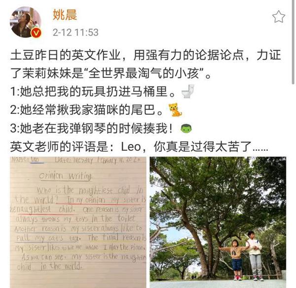 姚晨分享儿女日常,土豆写作文满腹委屈吐槽茉莉是最淘气的小孩