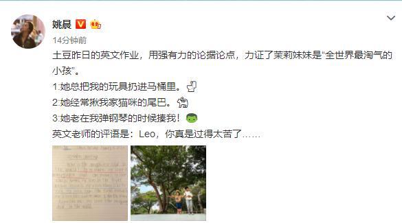 姚晨晒儿女相处趣事,土豆写作文吐槽妹妹淘气,有理有据认真可爱