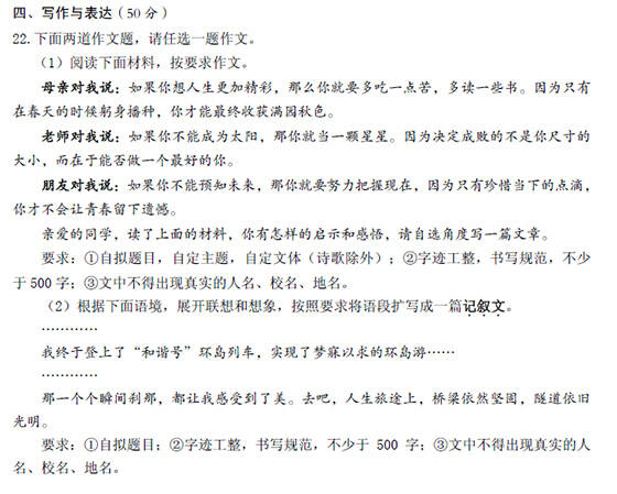 2017年海南省高中入学考试作文主题：选择1