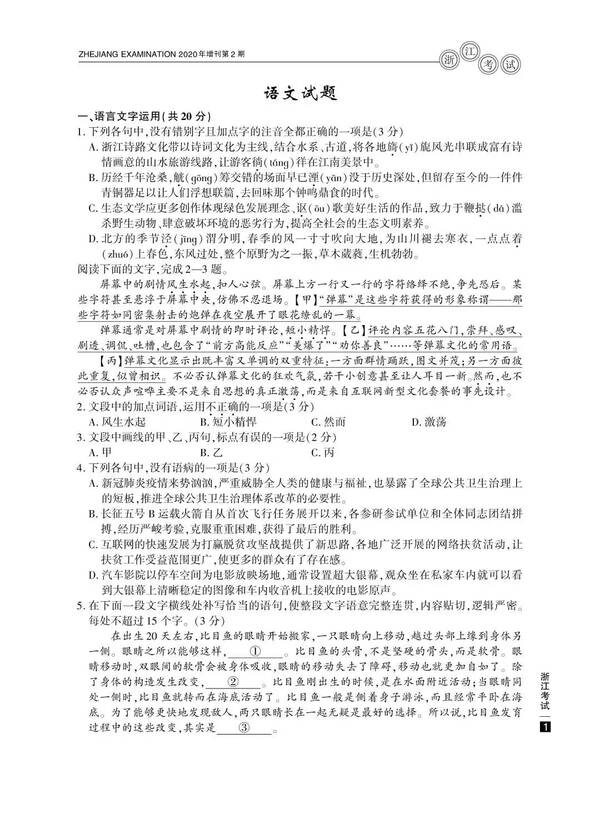 2020年浙江高考汉语考试