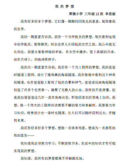 茅盾青年文理学院优秀作品：我的梦想