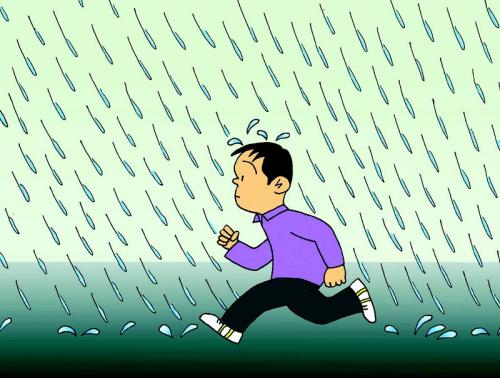 没有雨伞的孩子必须努力跑