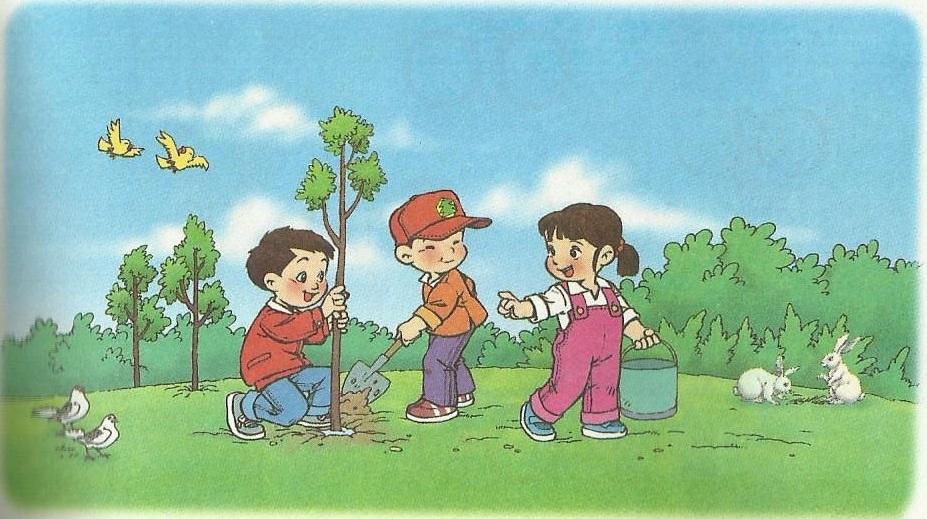 在植树节上阅读图片并写关于一年级的故事