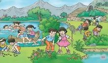 路边一个男孩给三个女孩拍照看图写话