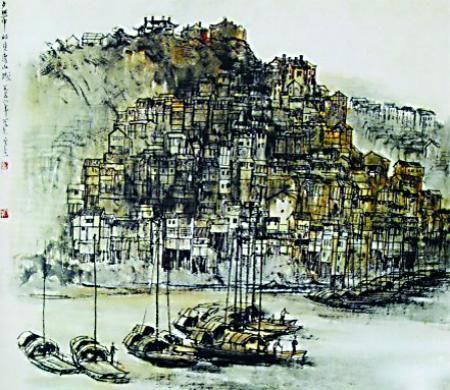 描述重庆山区城市的构图