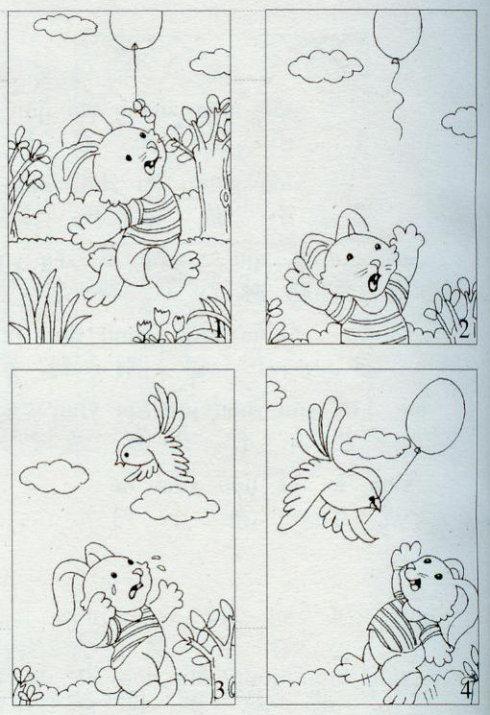 小白兔子带着气球飞走，看图片写词