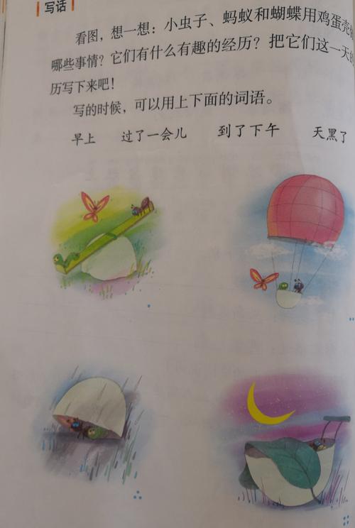 小虫子，蚂蚁和蝴蝶使用蛋壳阅读图片并写字